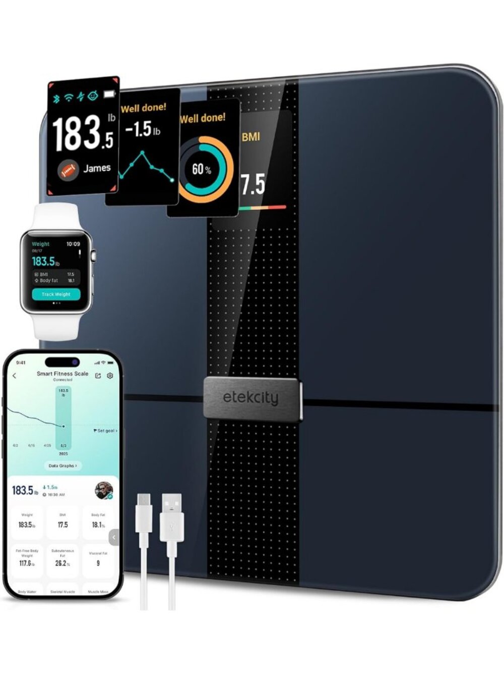 Smart Body Weight Scale with Fat & BMI Measurement, FSA Eligible, Sleek Black